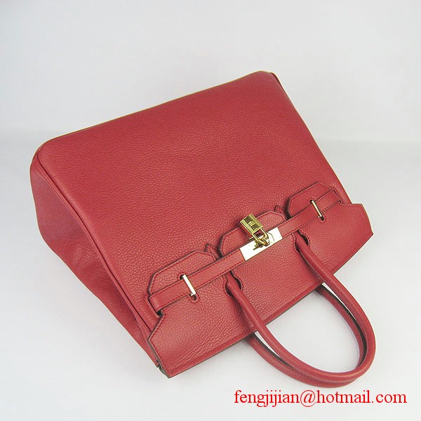 Hermes 35cm Embossed Veins Leather Bag Red 6089 Gold Hardware